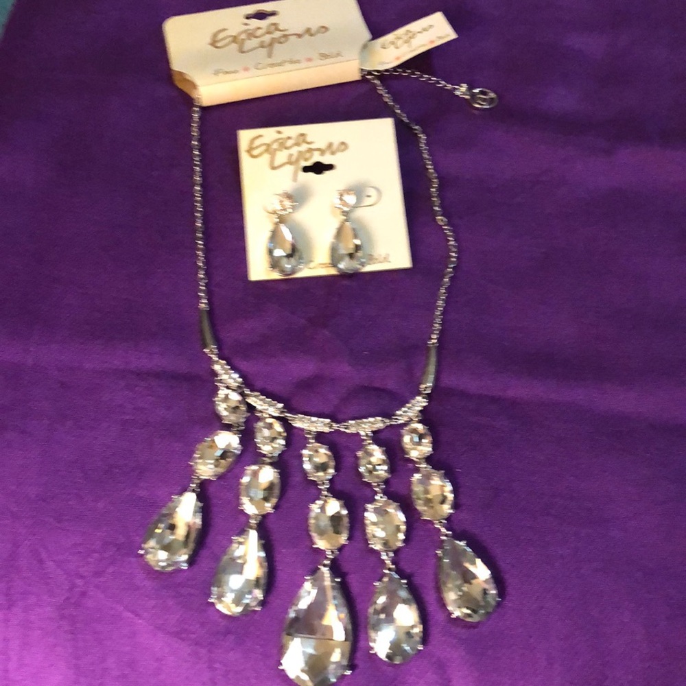 Erica Lyons Silver Tone Statement Necklace with Teardrop Crystal Stones